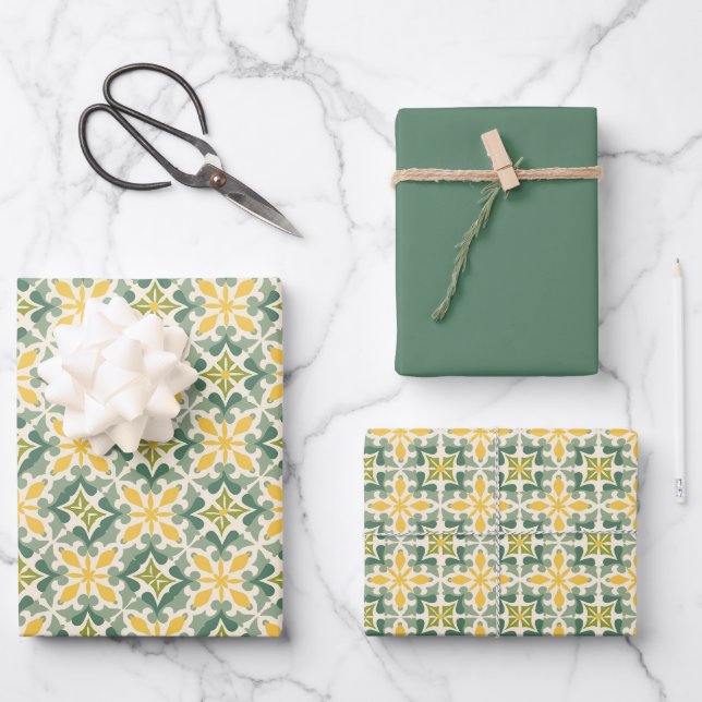 Green, Sage & Yellow Moroccan Pattern Wrapping Paper Sheets (Front)