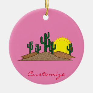 Green Saguaro Cactus Desert Sunrise Ceramic Ornament