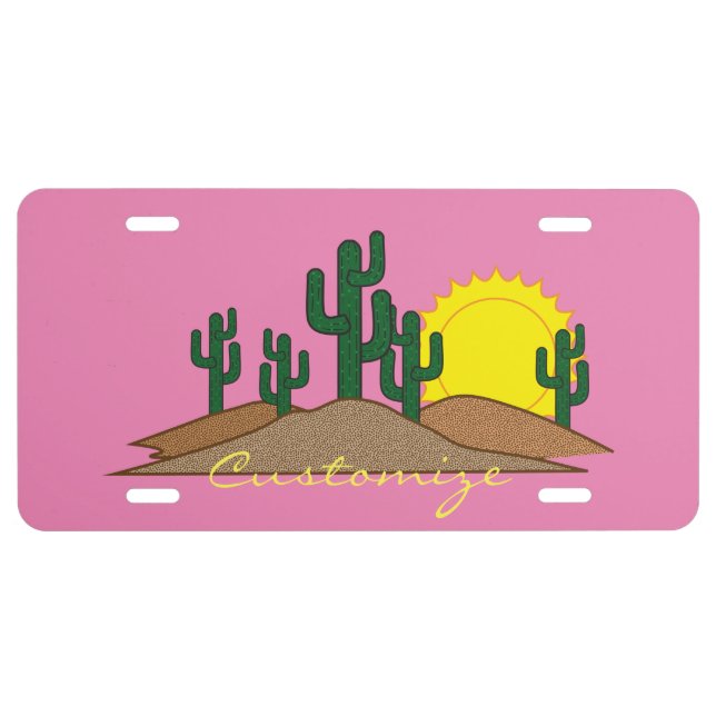 Green Saguaro Cactus Desert Sunrise License Plate (Front)