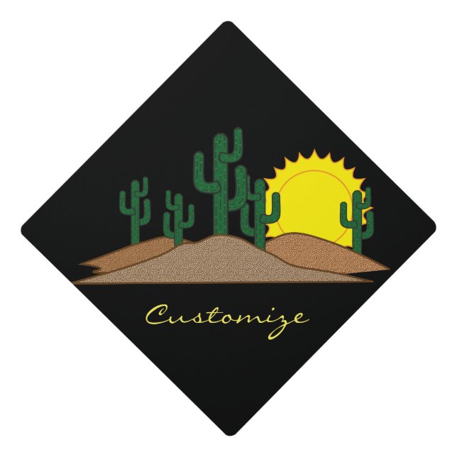 Green Saguaro Cactus Desert Sunset Graduation Cap Topper (Front)