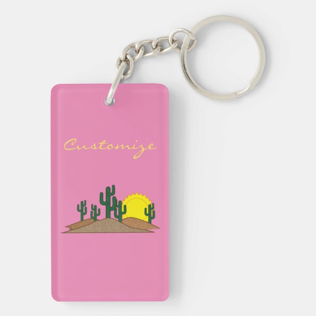 Green Saguaro Cactus Desert Sunset Thunder_Cove Keychain (Back)