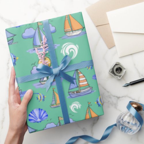 Green Sailing Boat Wrapping Paper