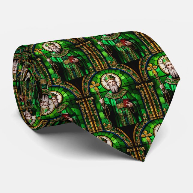 Green Saint Patrick St Patricks Day Stained Glass Neck Tie (Rolled)