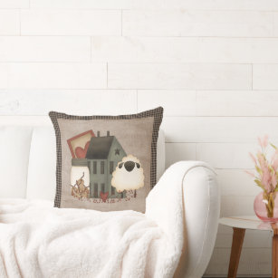 Green Saltbox Home With Sheep - Primitive Country Throw Pillow
