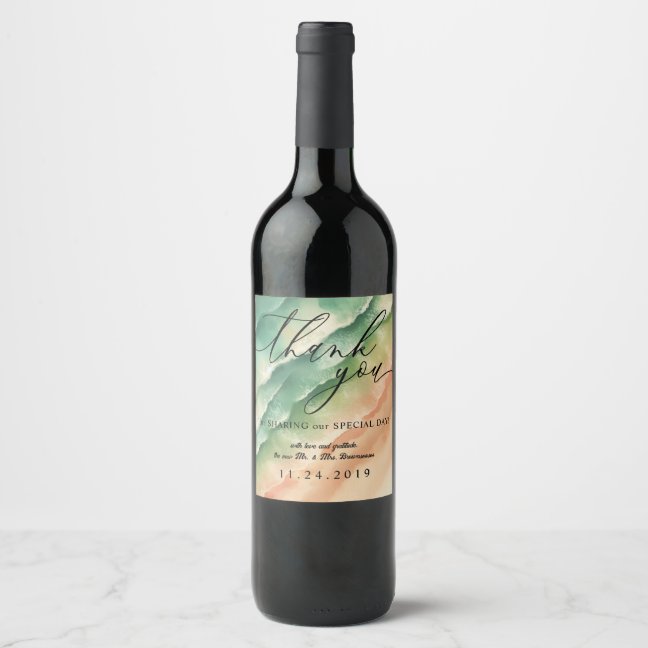 Green Sand Ocean Beach Summer Watercolor Wedding Wine Label