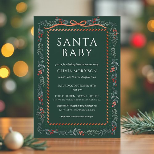 Christmas Santa Baby Green baby shower invitation