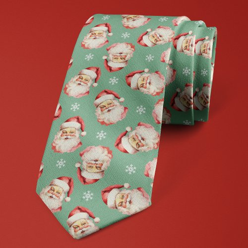 Green Santa Claus Christmas Snowflake Holiday Neck Tie