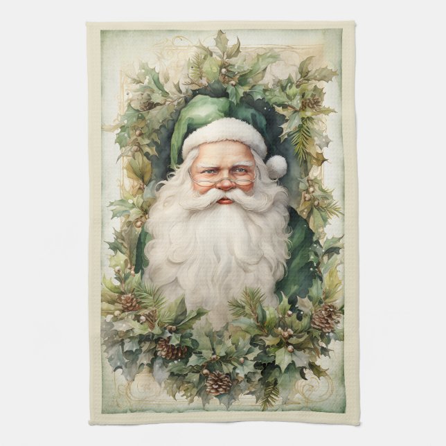 Green Santa Claus Framed in Christmas Foliage Kitchen Towel (Vertical)