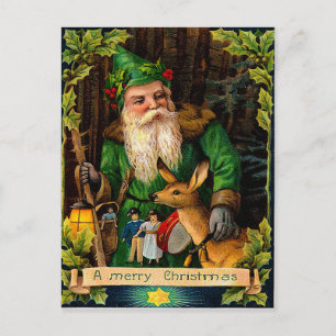 Green Santa in a forest with a deer Holiday Postcard