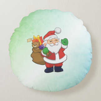 Green Santa With Toys Round Pillow