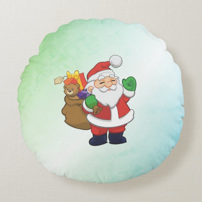 Green Santa With Toys Round Pillow (Front)