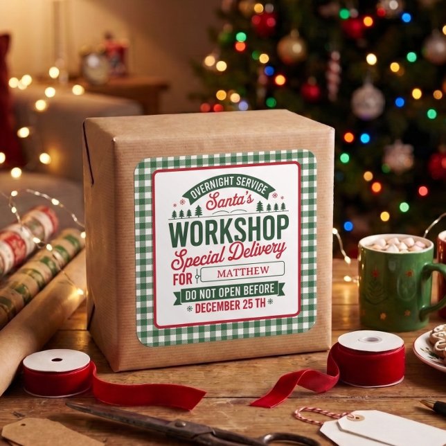 Green Santa Workshop Special Delivery Xmas Plaid Square Sticker (Creator Uploaded)