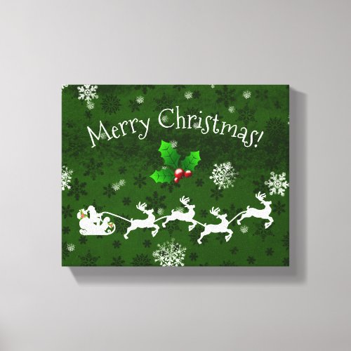 Green Santas Sleigh and Reindeer Canvas Print