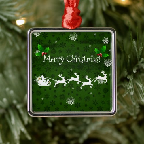 Green Santas Sleigh and Reindeer Ceramic Ornament
