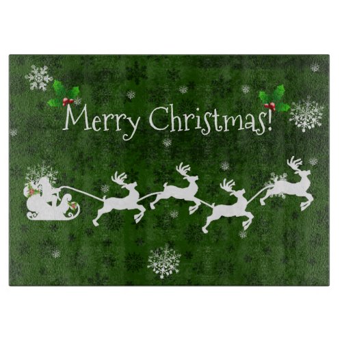 Green Santas Sleigh and Reindeer Cutting Board