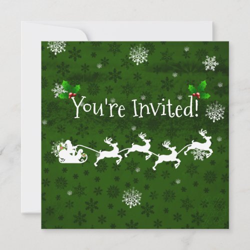 Green Santas Sleigh and Reindeer Invitation
