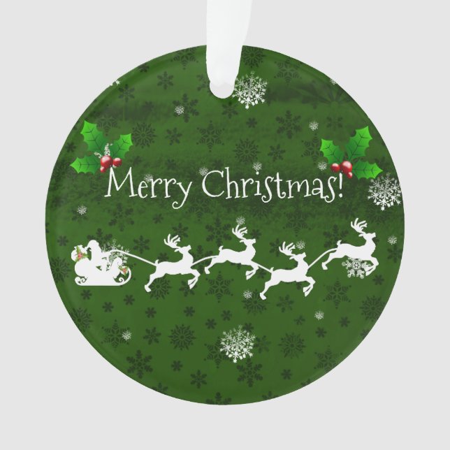 Green Santa's Sleigh and Reindeer Ornament (Front)