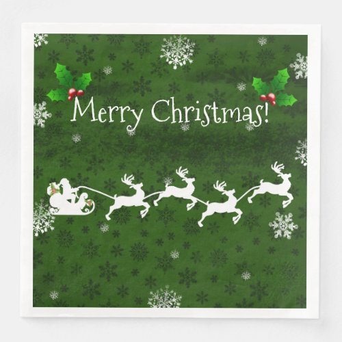 Green Santas Sleigh and Reindeer Paper Napkin
