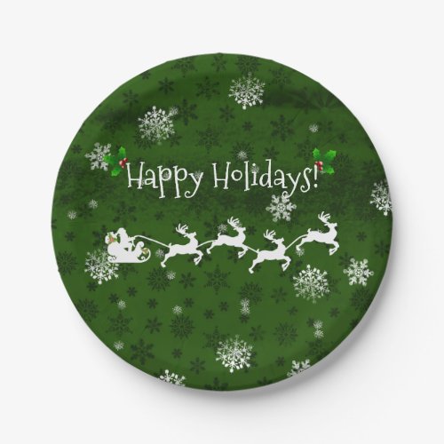 Green Santas Sleigh and Reindeer Paper Plate