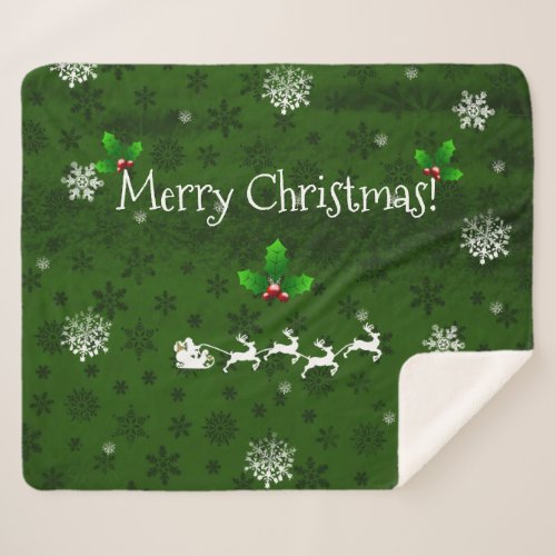 Green Santas Sleigh and Reindeer Sherpa Blanket