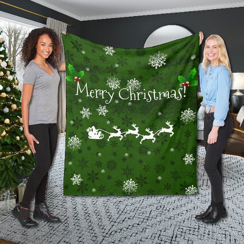 Green Santas Sleigh and Reindeer Throw Blanket