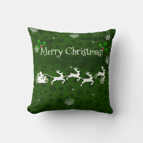 Green Santas Sleigh and Reindeer Throw Pillow