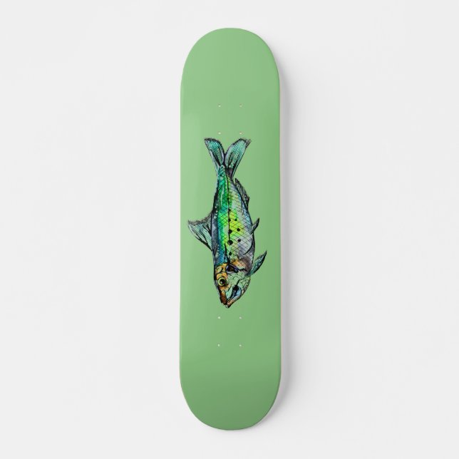 Green Sardine Watercolor Skateboard (Front)