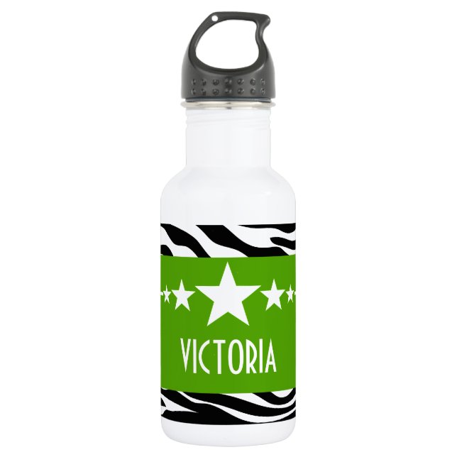 Green Sassy Star Zebra Water Bottle (Front)