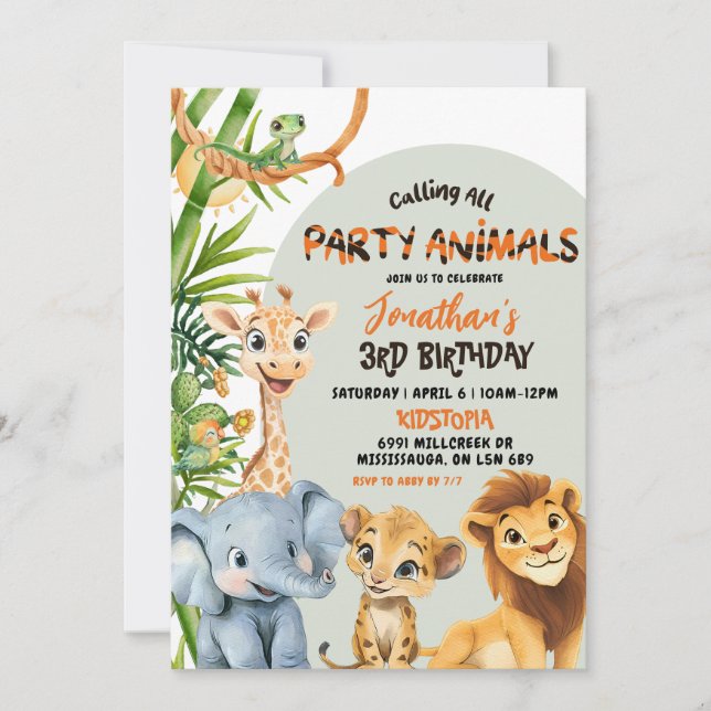 Green Savannah Calling All Party Animals Birthday Invitation (Front)