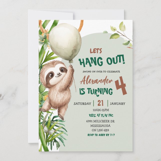 Green Savannah Sloth Let's Hang Out Birthday Invitation (Front)