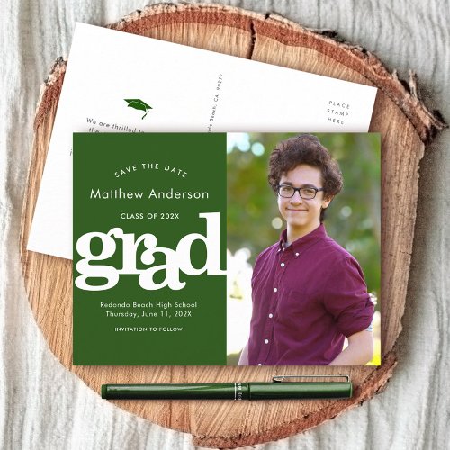 Green save date graduation photo bold typography invitation postcard