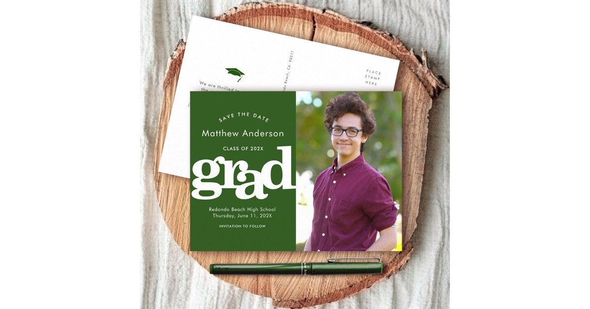 Green save date graduation photo bold typography invitation postcard