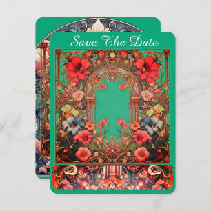 Green Save The Date Card Mucha Style
