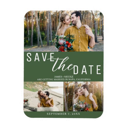 Green Save the Date Wedding 3 Photos Magnet