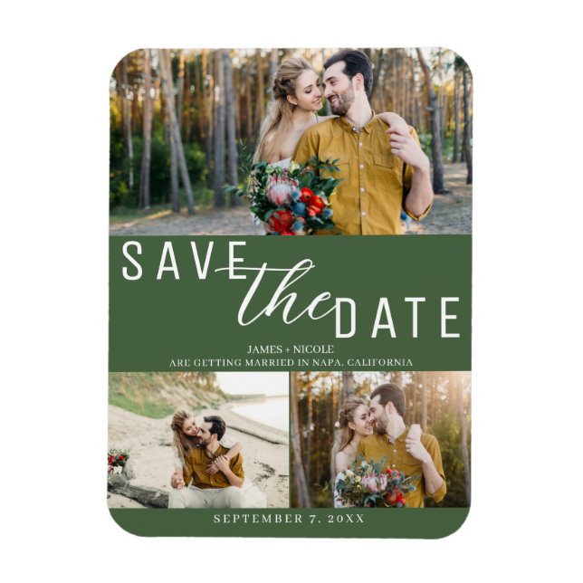 Green Save the Date Wedding 3 Photos Magnet (Vertical)