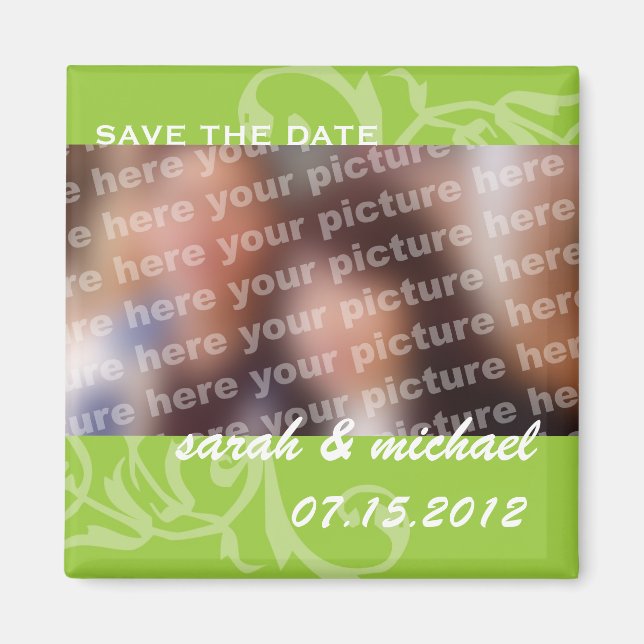 Green save the date wedding announcement photo magnet (Front)