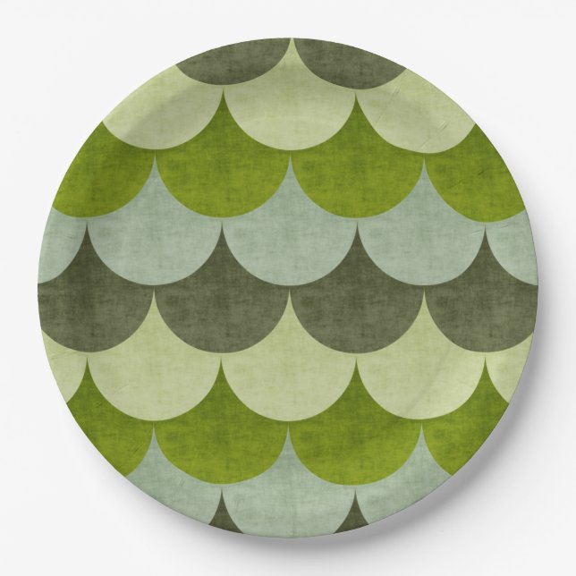 Green Scalloped Dragon Scale Pattern Paper Plates (Front)