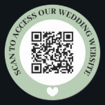 Green Scan To Access Wedding Website Heart QR Code Classic Round Sticker<br><div class="desc">Wedding website QR code sticker in black,  sage green,  and white with curved text and a white heart. Cute black,  green and white wedding QR code sticker.</div>