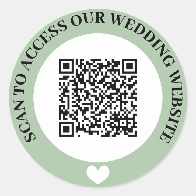 Green Scan To Access Wedding Website Heart QR Code Classic Round Sticker (Front)