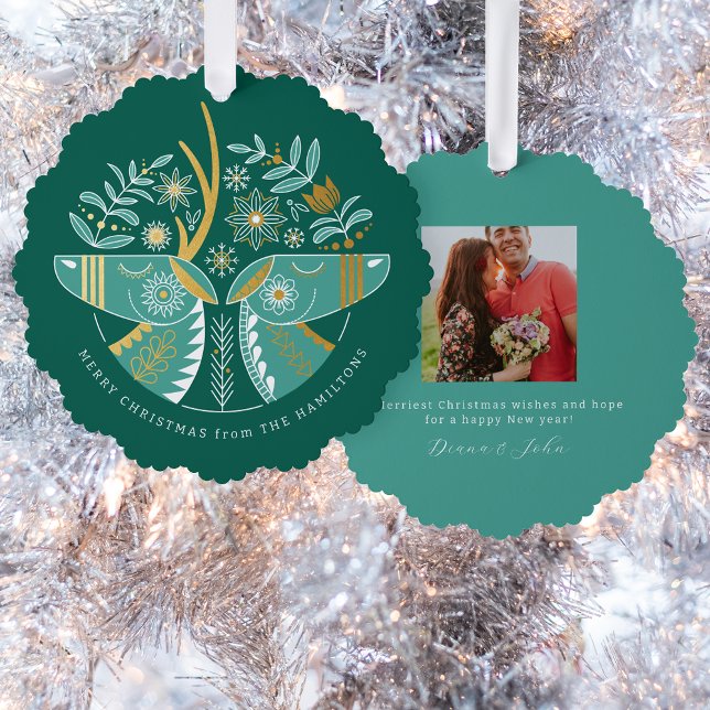 Green Scandi Reindeer Pair Christmas Ornament Card (Round ornament card with folk illustrated pair of deer heads in green and white with faux gold foil)