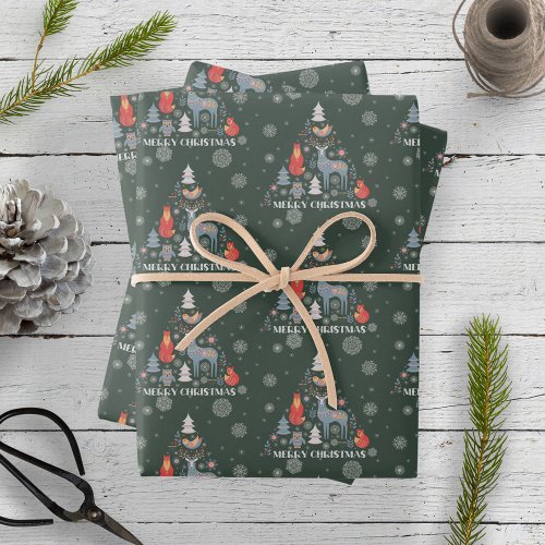 Green Scandinavian Reindeer Tree Animal Snowflake Wrapping Paper Sheets