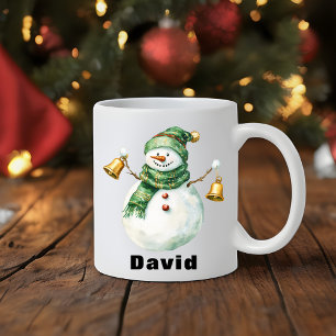 Green Scarf Christmas Snowman with Bells Coffee Mug