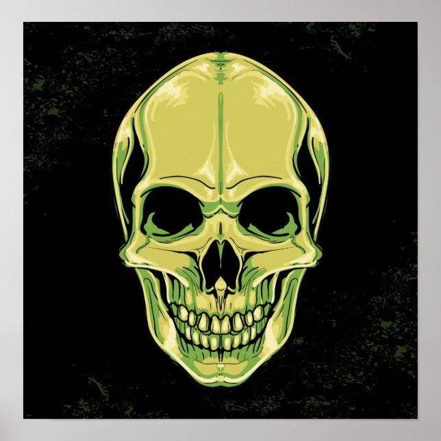 Green Scary Grinning Skull On Grunge Background Poster (Front)