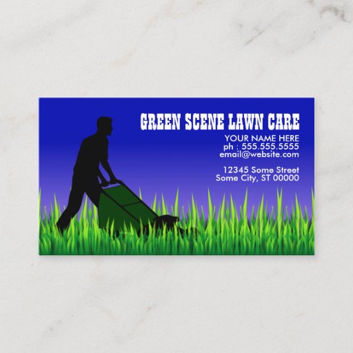 Customizable green scene lawn care business cards