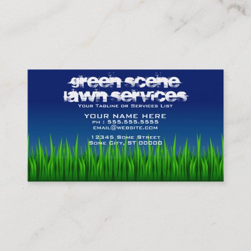 Customizable green scene lawn services business card