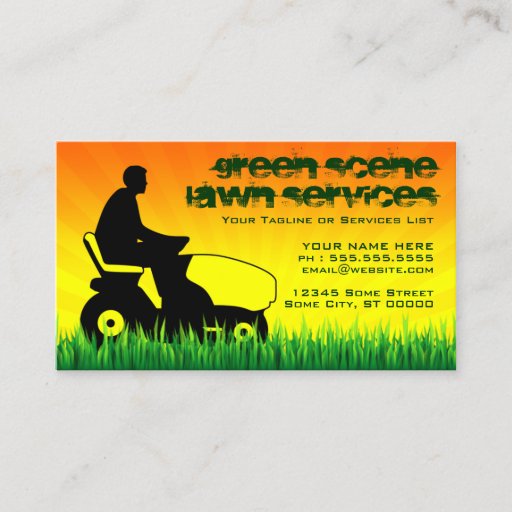 Customizable green scene lawn services business card