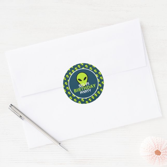 Green Sci-fi Alien, Birthday Classic Round Sticker (Envelope)