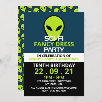 Green Sci-fi Alien  Birthday Invitation by StampedyStamp at Zazzle