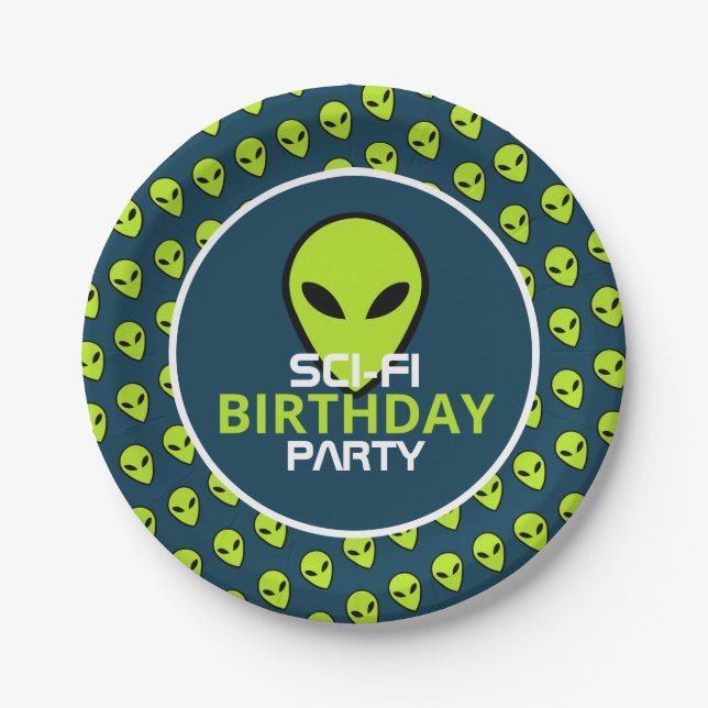 Green Sci-fi Alien, Birthday Paper Plates (Front)