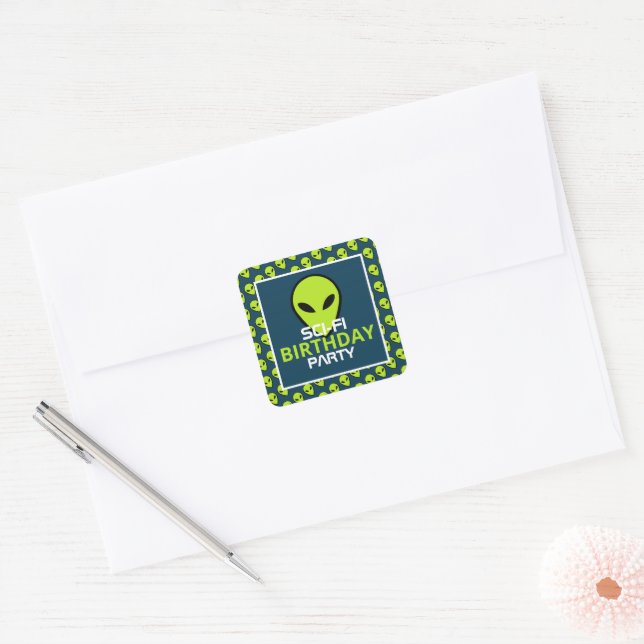 Green Sci-fi Alien, Birthday Square Sticker (Envelope)